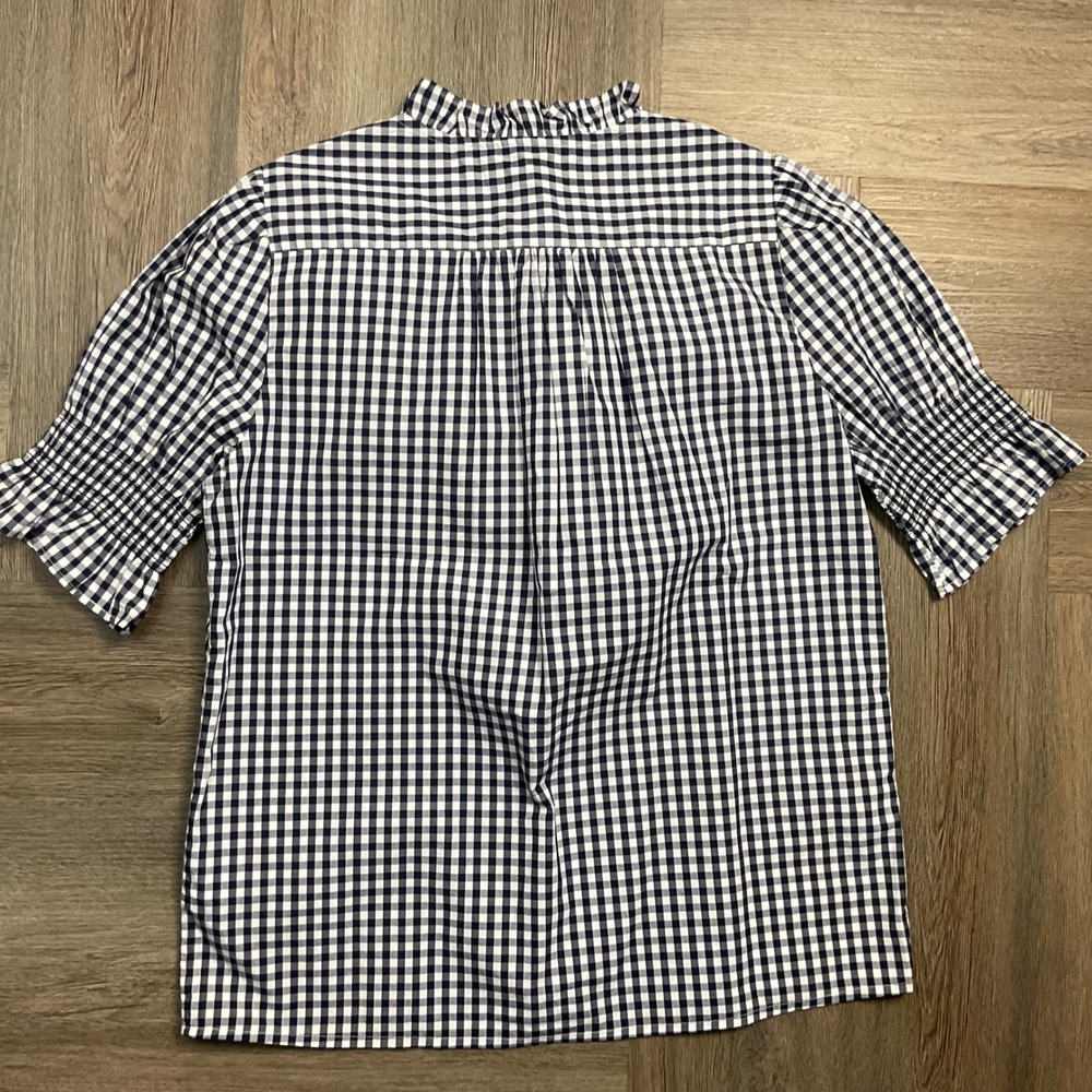 J Crew Gingham Ruffle Neck Puff Sleeve‎ Shirt Top Womens XS Navy White Preppy - Picture 2 of 6